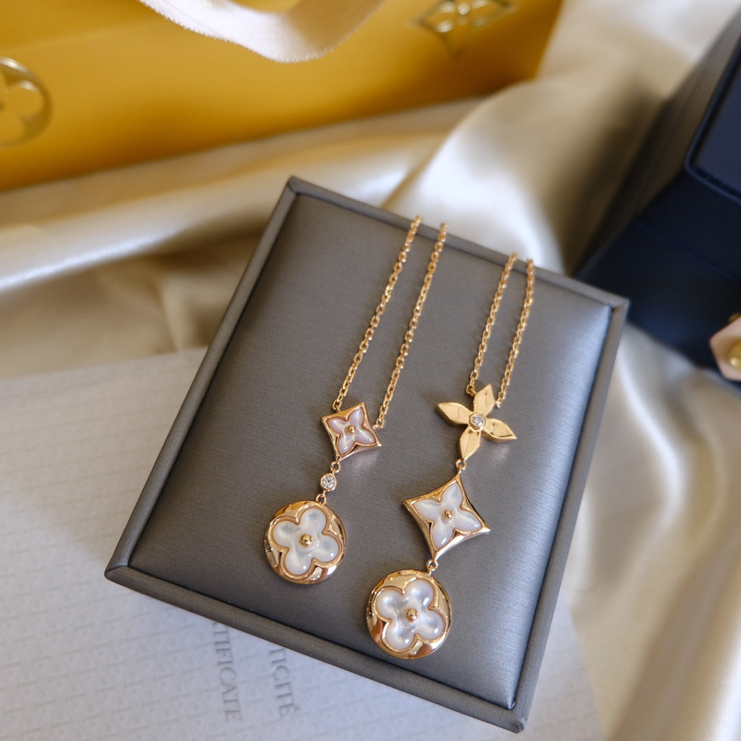 [⭐Haelin Jewelry]COLOR BLOSSOM LARIAT NECKLACE PINK GOLD WHITE MOTHER PEARL AND DIAMOND