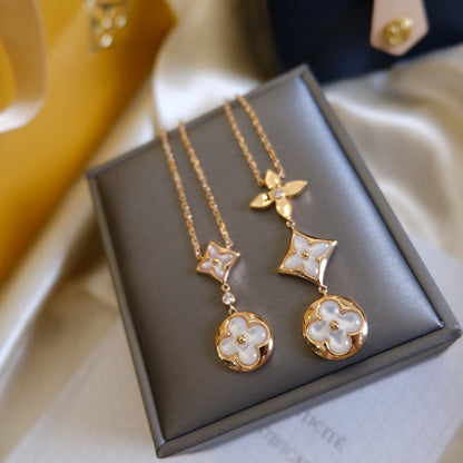 [⭐Haelin Jewelry]COLOR BLOSSOM LARIAT NECKLACE PINK GOLD WHITE MOTHER PEARL AND DIAMOND