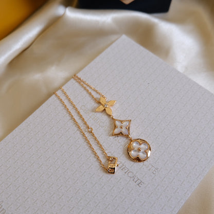 [⭐Haelin Jewelry]COLOR BLOSSOM LARIAT NECKLACE PINK GOLD WHITE MOTHER PEARL AND DIAMOND