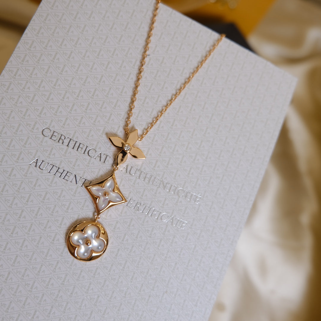 [⭐Haelin Jewelry]COLOR BLOSSOM LARIAT NECKLACE PINK GOLD WHITE MOTHER PEARL AND DIAMOND