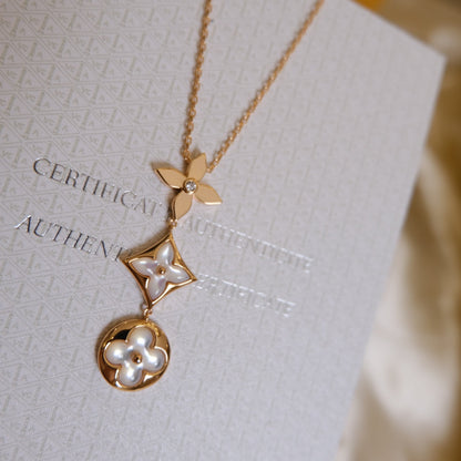 [⭐Haelin Jewelry]COLOR BLOSSOM LARIAT NECKLACE PINK GOLD WHITE MOTHER PEARL AND DIAMOND