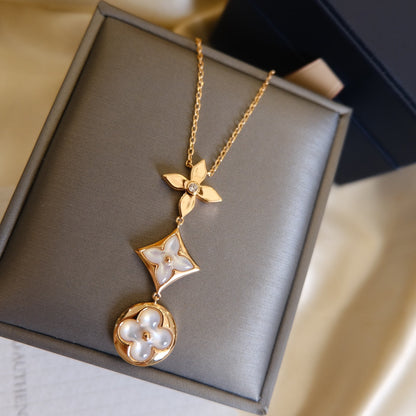 [⭐Haelin Jewelry]COLOR BLOSSOM LARIAT NECKLACE PINK GOLD WHITE MOTHER PEARL AND DIAMOND