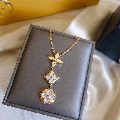 [⭐Haelin Jewelry]COLOR BLOSSOM LARIAT NECKLACE PINK GOLD WHITE MOTHER PEARL AND DIAMOND