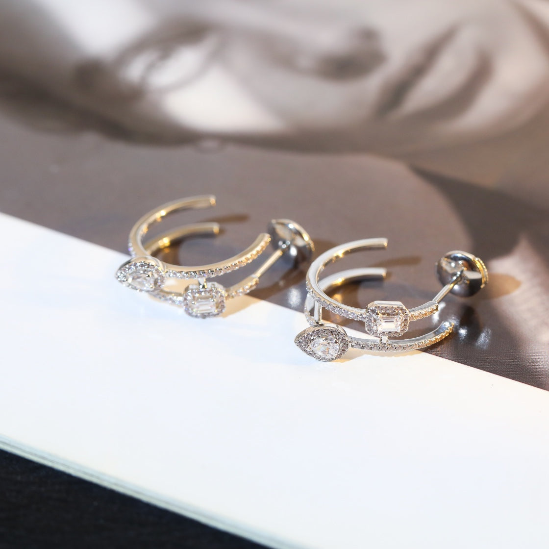[⭐Haelin Jewelry]CREOLES MY TWIN 2 RANGS SILVER DIAMOND EARRINGS