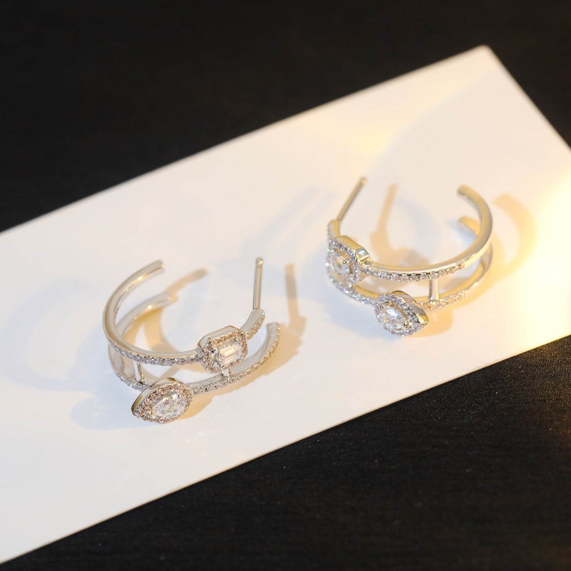 [⭐Haelin Jewelry]CREOLES MY TWIN 2 RANGS SILVER DIAMOND EARRINGS