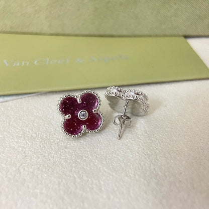 [⭐Haelin Jewelry]2026 NEW  CLOVER 1 MOTIFPINK ENAMEL STUD EARRINGS WITH DIAMONDS