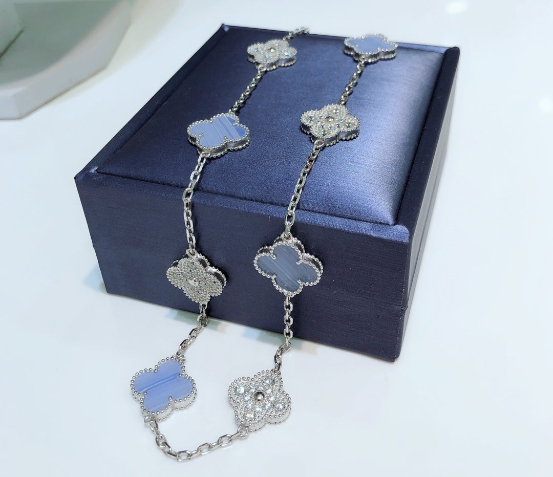 [⭐Haelin Jewelry]CLOVER 10 MOTIFS CHALCEDONY DIAMONDS SILVER NECKLACE