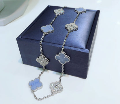 [⭐Haelin Jewelry]CLOVER 10 MOTIFS CHALCEDONY DIAMONDS SILVER NECKLACE