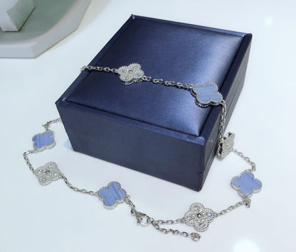 [⭐Haelin Jewelry]CLOVER 10 MOTIFS CHALCEDONY DIAMONDS SILVER NECKLACE