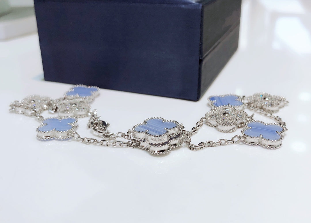 [⭐Haelin Jewelry]CLOVER 10 MOTIFS CHALCEDONY DIAMONDS SILVER NECKLACE