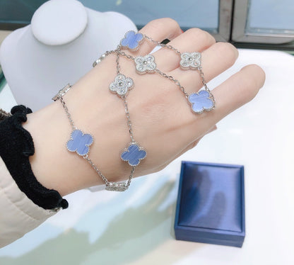 [⭐Haelin Jewelry]CLOVER 10 MOTIFS CHALCEDONY DIAMONDS SILVER NECKLACE
